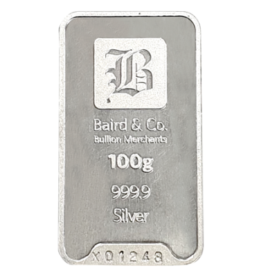 100 Gram Baird & Co Minted Silver Bar